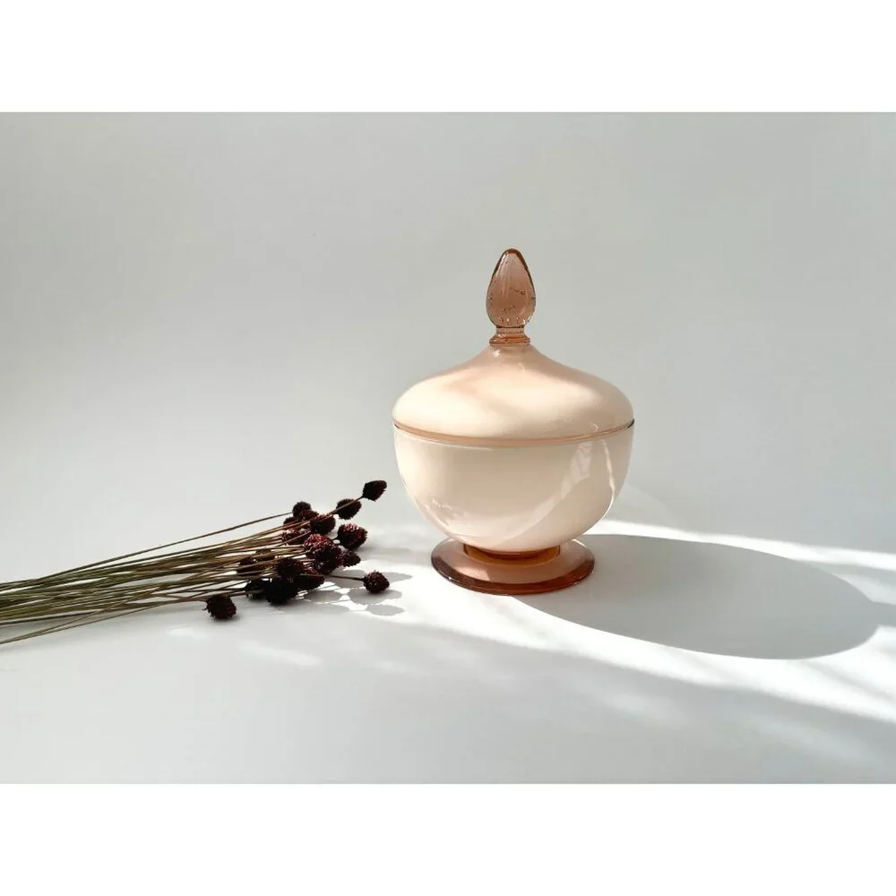 Vintage MCM Empoli Dusty Rose Pink Lidded Wide Glass Jar / Compote Dish - Picture 2 of 10